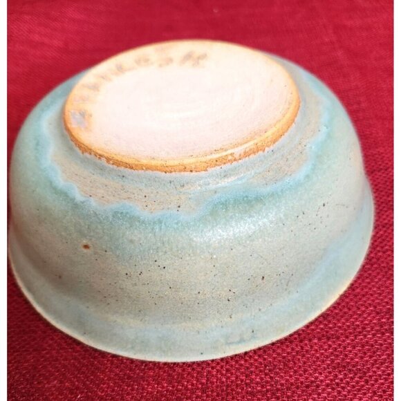 Handmade Ceramic Glazed Bowl By Frances H With Blue Swirl Design 6" - Picture 4 of 5